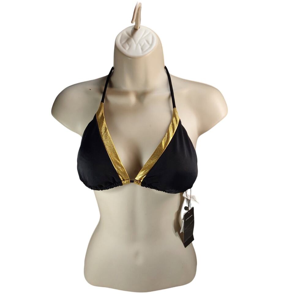 NWT Pieces Black and Gold Lined Side Tie Swimsuit Bikini Top Size M